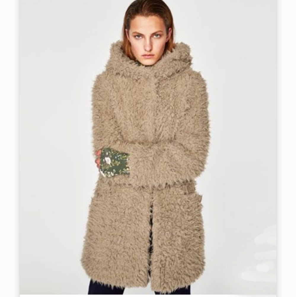Zara Basic Women Faux Soft Fur Hooded Khaki Warm Coat